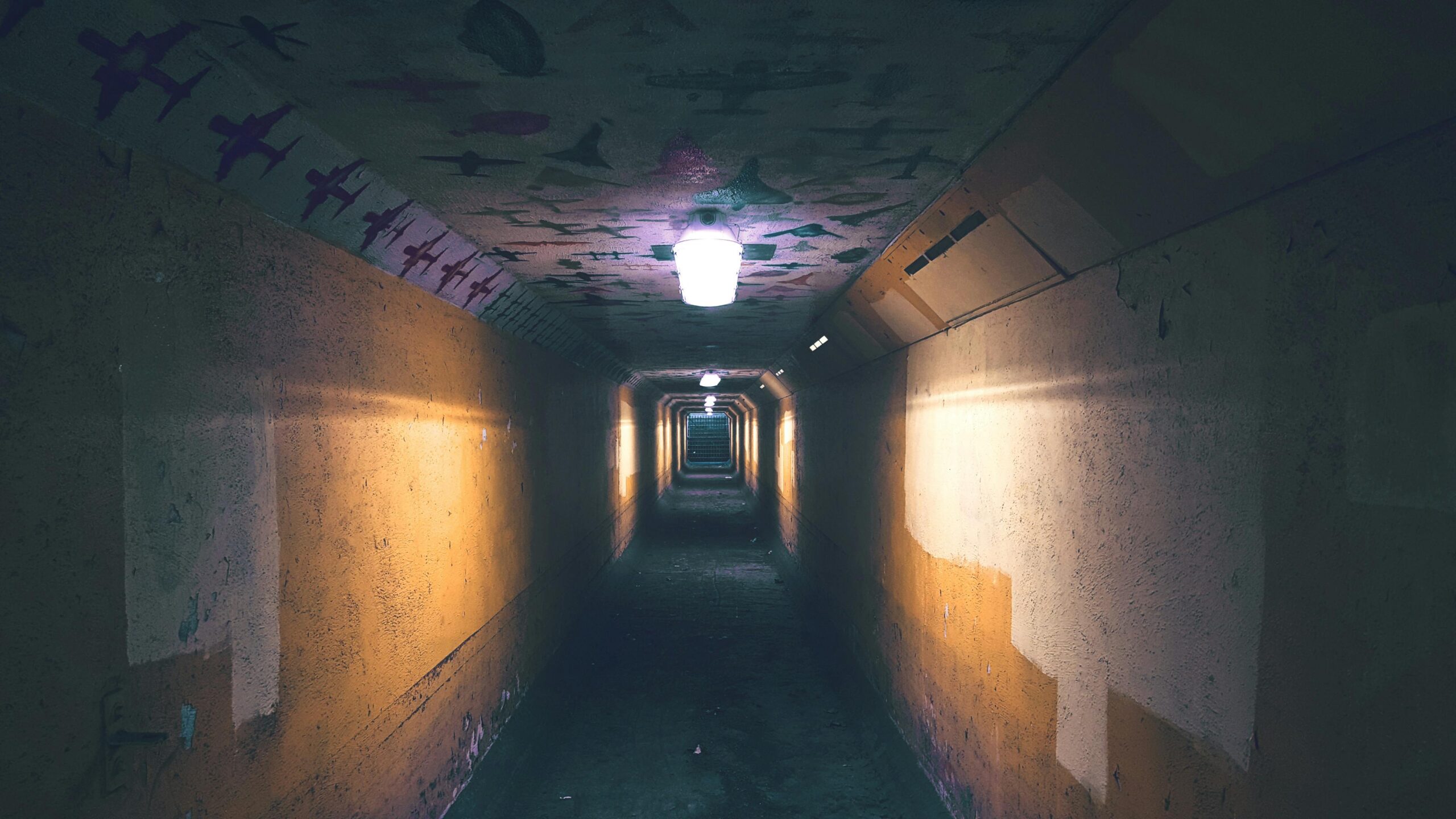 Dimly lit urban tunnel with an eerie and mysterious atmosphere.